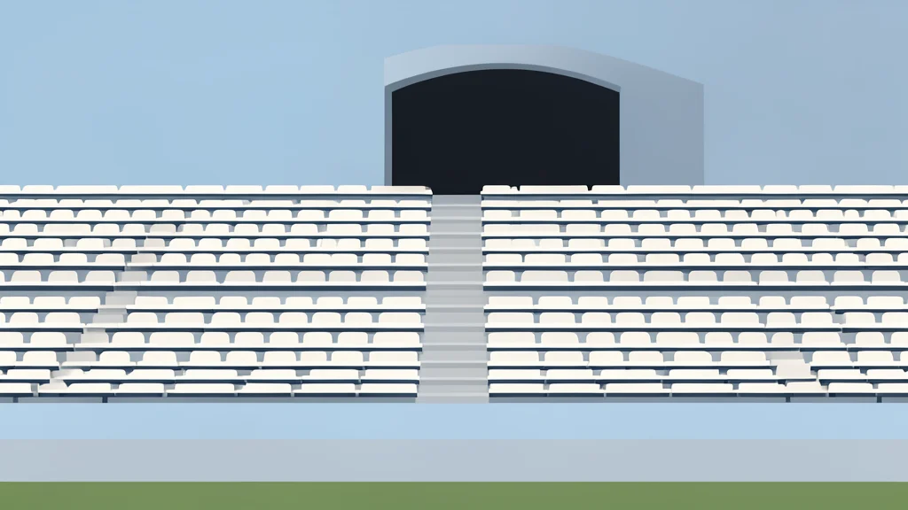 A vast, empty stadium stand with rows of empty seats and a dark tunnel entrance in the background, rendered in flat vector style.