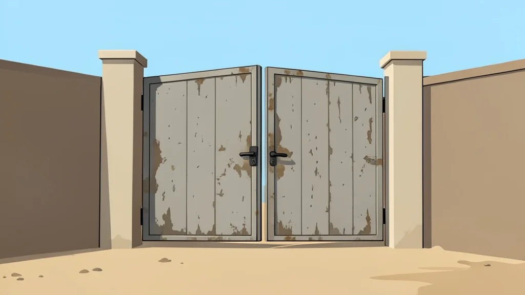 A weathered concrete prison gate stands open in a dusty courtyard.
