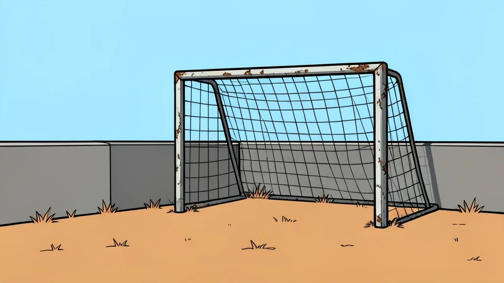 A small, weathered soccer goalpost standing on a patch of dry, dusty grass next to a low concrete wall.