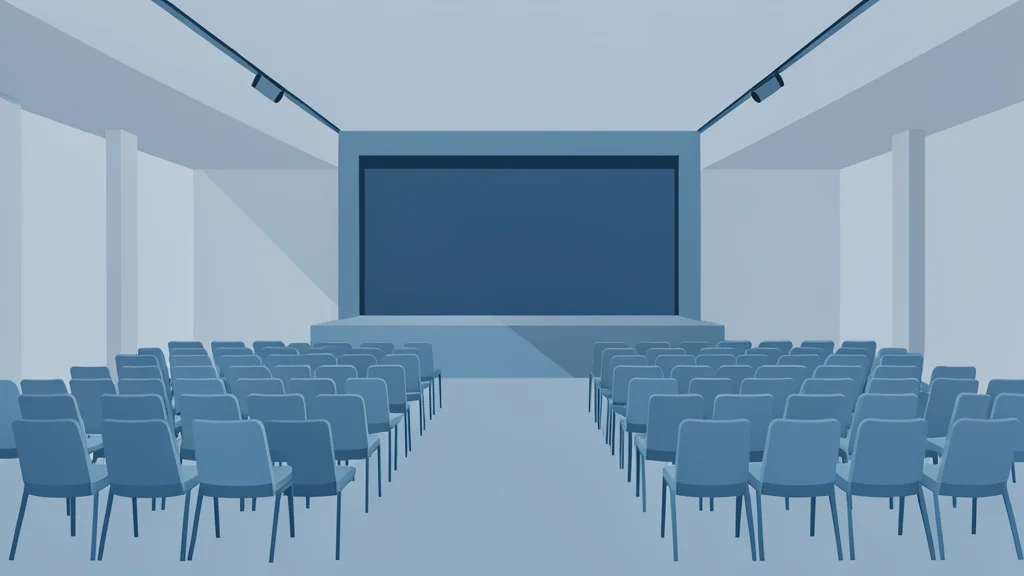 A flat-vector illustration of a large, modern conference hall with rows of empty chairs facing a central stage.