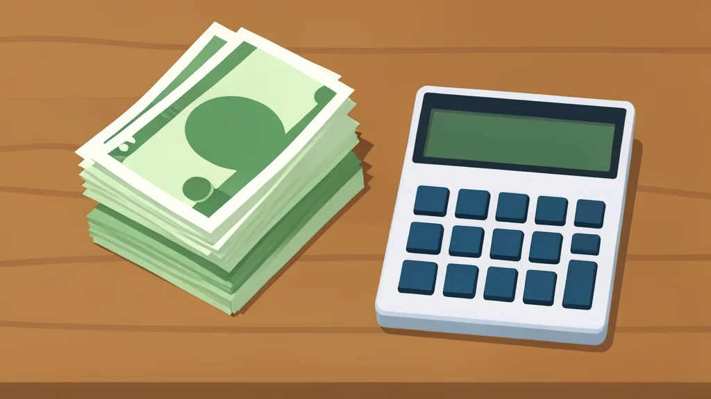 A stack of paper currency notes and a calculator on a wooden desk