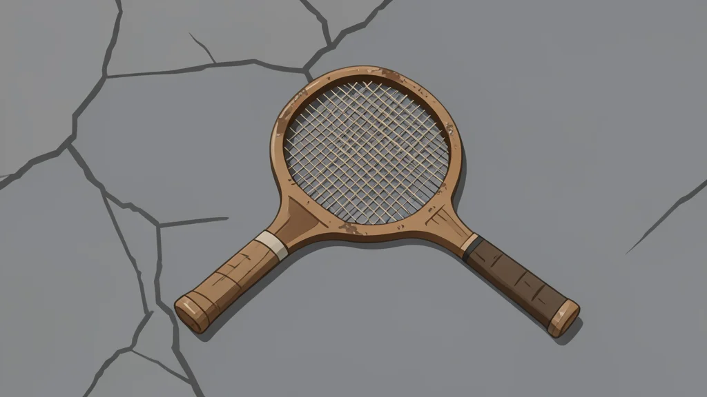 A weathered wooden tennis racket lying on a cracked asphalt surface
