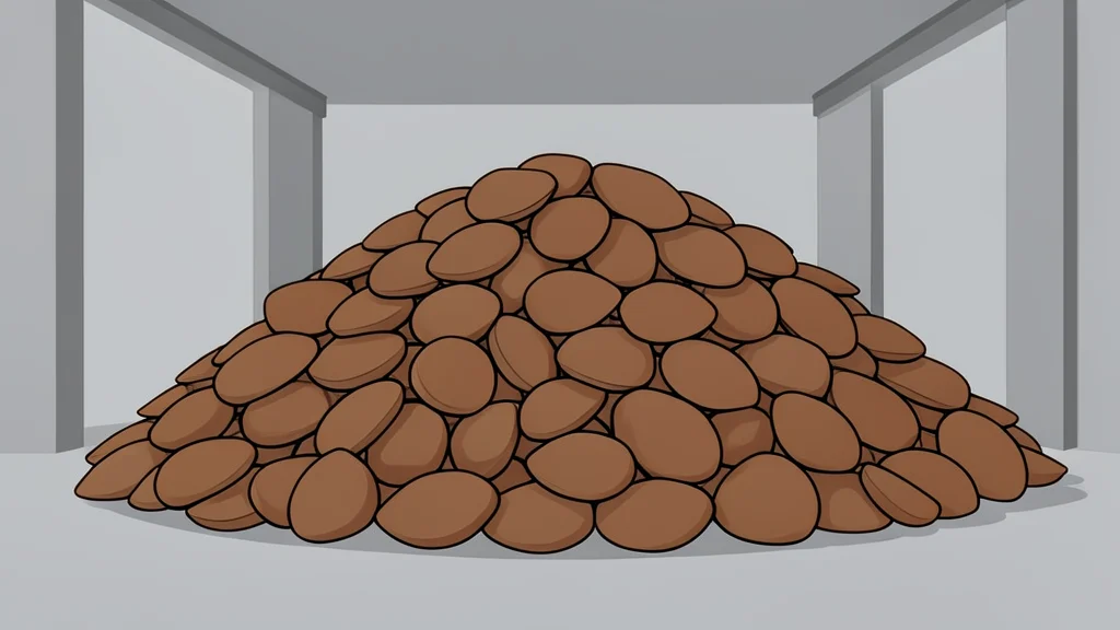 A large pile of dried brown palm kernel shells in an industrial warehouse