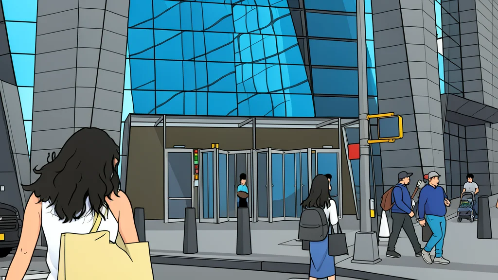 A modern glass office building with a clear blue sky