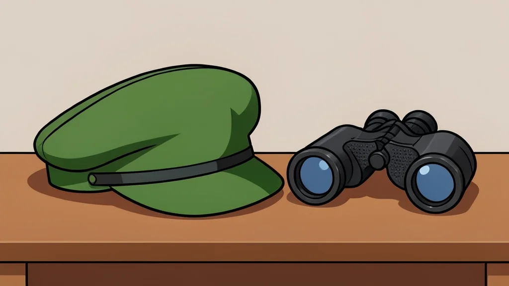 A military uniform cap resting on a wooden desk next to a pair of binoculars.