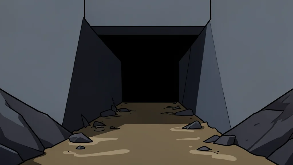 A dark, narrow concrete tunnel entrance surrounded by muddy water and debris