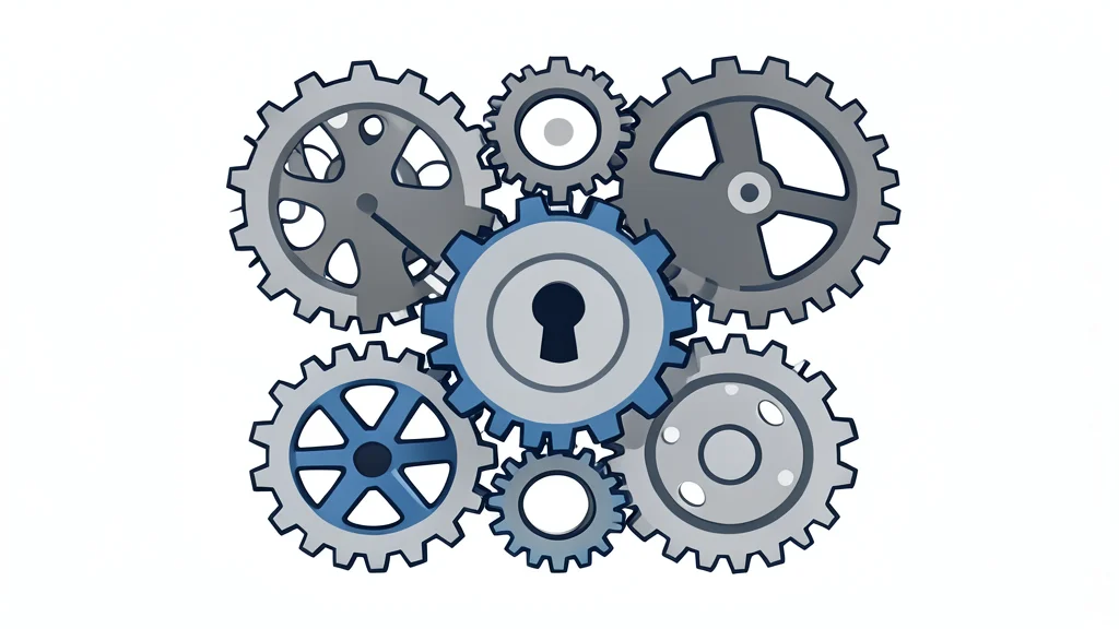 A complex mechanical gear system with interlocking cogs and a central locking mechanism