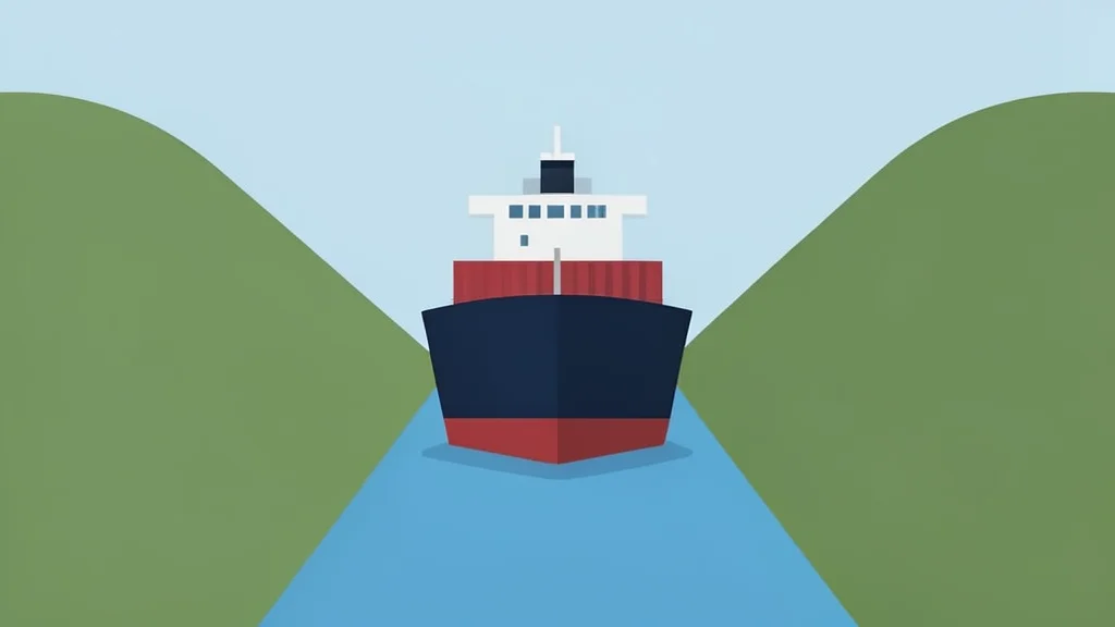 A large cargo ship navigates a narrow harbor entrance between two land masses under a clear sky.