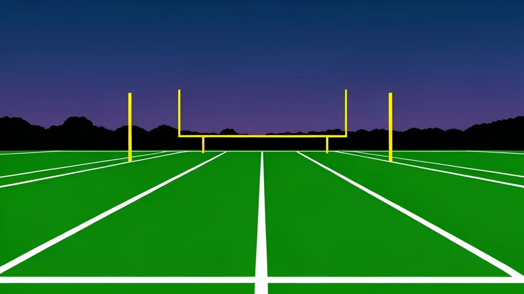 A green football field with white yard lines and goalposts in the distance