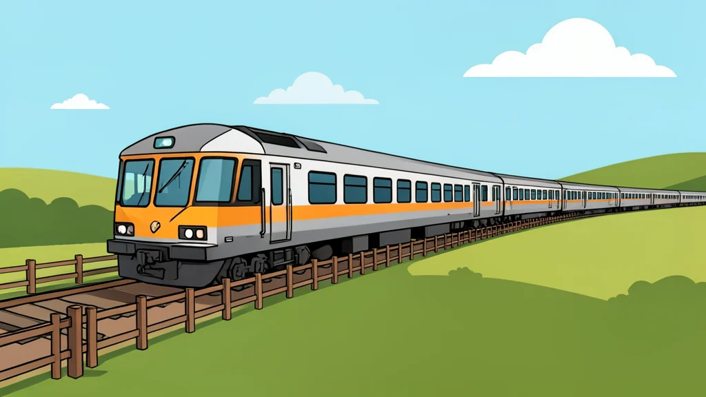 A long passenger train traveling through a rural landscape near a border fence