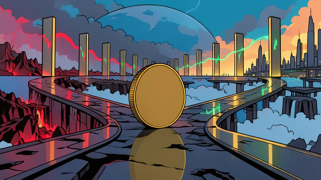 A digital coin resting on a stack of paper currency