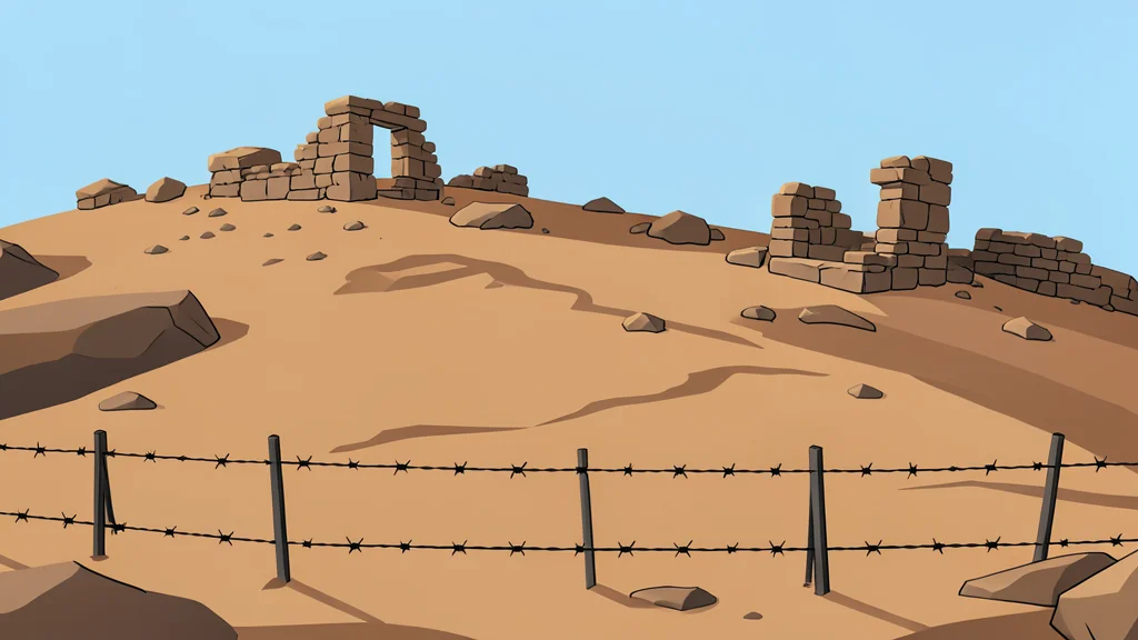 A dry, rocky hillside landscape with scattered stone ruins and a single barbed wire fence stretching across the foreground