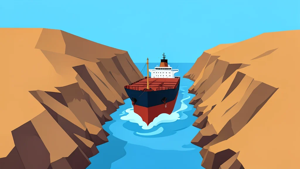A large oil tanker ship navigating through a narrow, rocky strait between two arid landmasses.