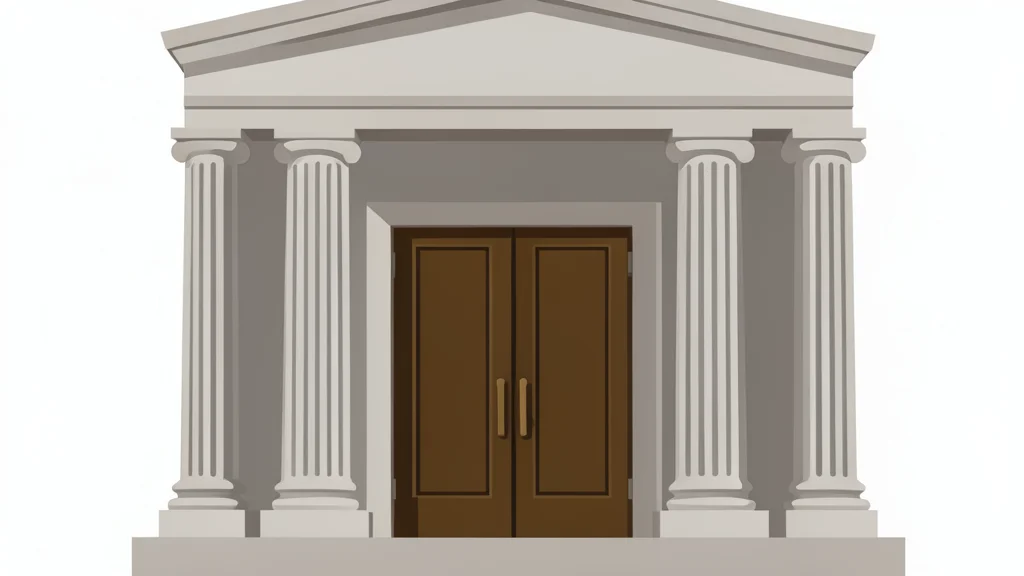 A large, ornate bank building facade with tall stone columns and a heavy bronze door