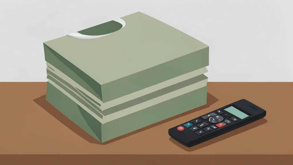 A stack of generic grocery bags and a remote control resting on a wooden table
