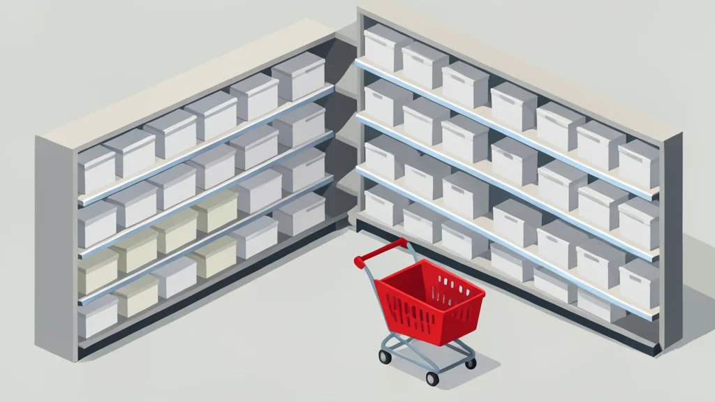 A long supermarket aisle with stocked shelves and a single shopping cart