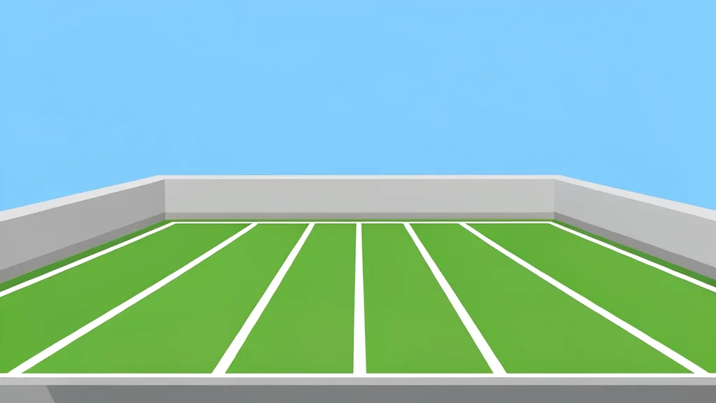 A vast, open-air stadium with green grass and white yard lines stretching into the distance under a clear sky.