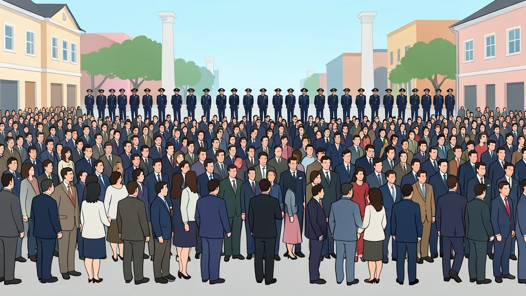 A flat-vector illustration of a large crowd in a public square with a line of uniformed officers in the background.
