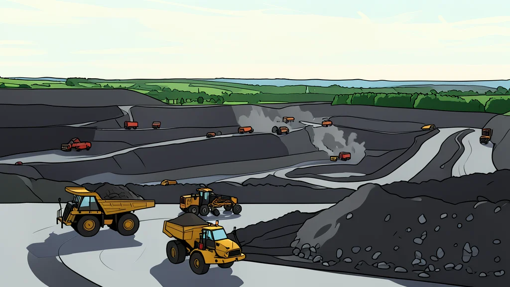 A large industrial coal mining site with heavy machinery and piles of raw material