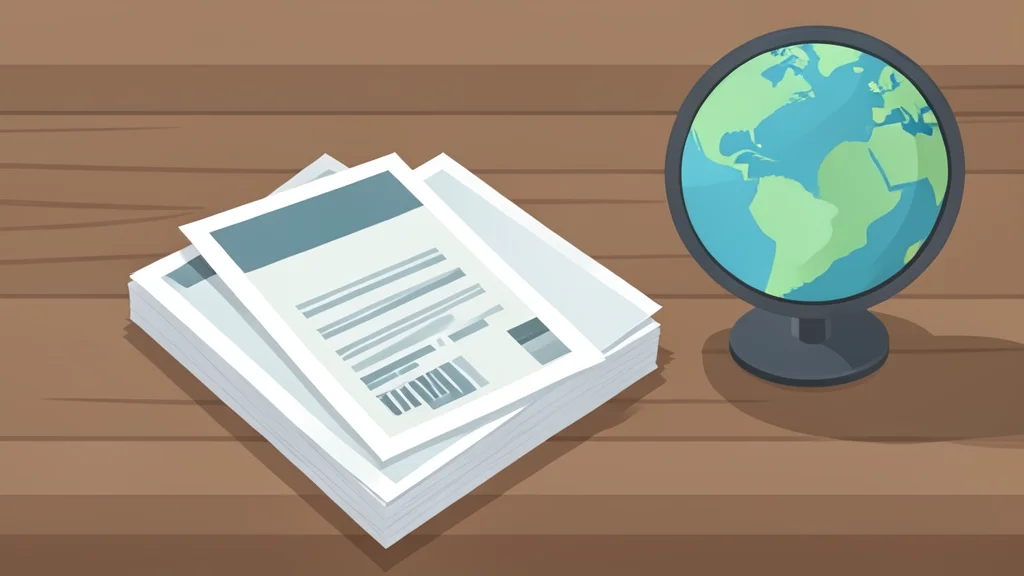A stack of physical government bond certificates resting on a wooden desk next to a globe