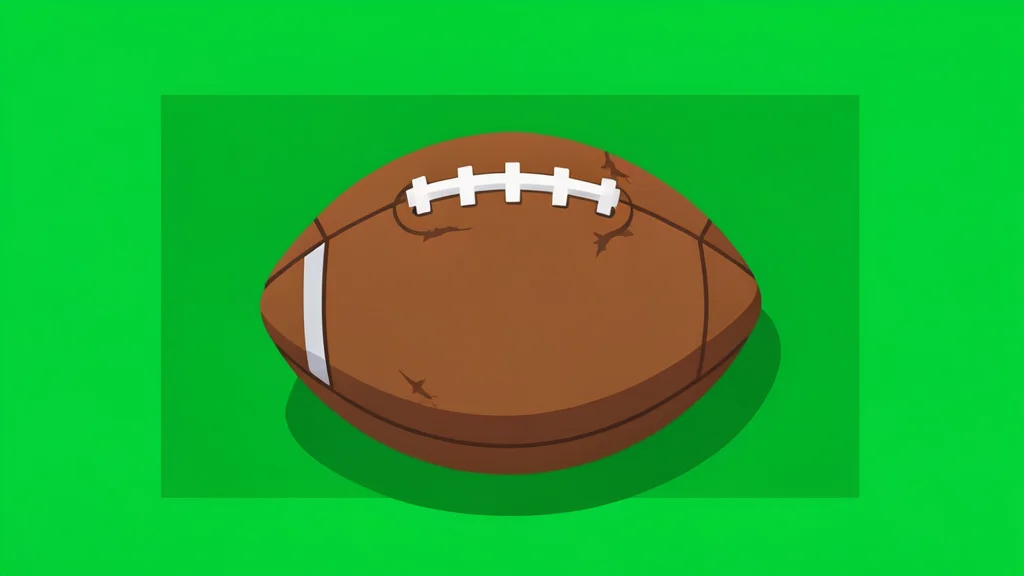 A worn leather football resting on green artificial turf