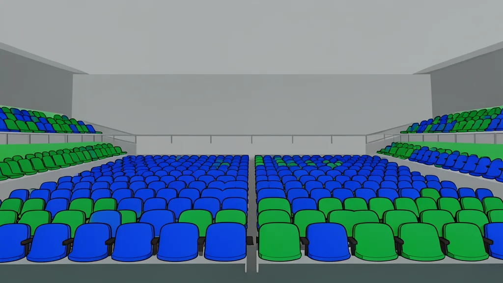 A large, empty stadium seating area with rows of blue and green plastic chairs under a grey sky