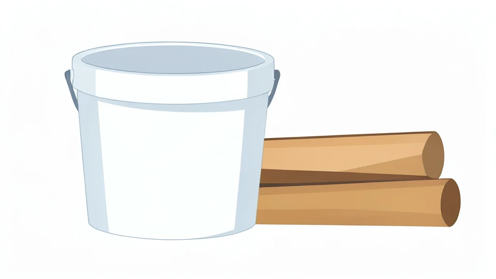 A stack of wooden paint stir sticks and a bucket of white paint