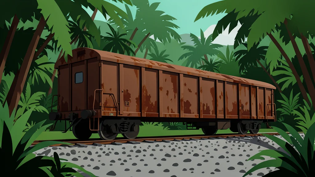 A rusted steel train car sitting on a gravel track in a dense jungle