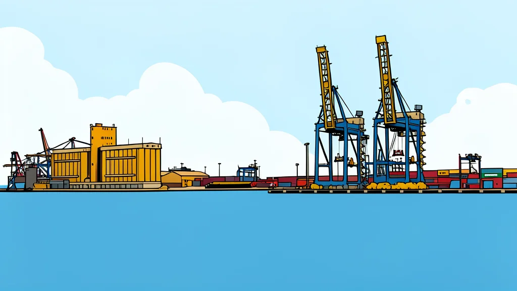 A flat vector illustration of a large cargo ship docked at a port crane structure, set against a calm horizon.