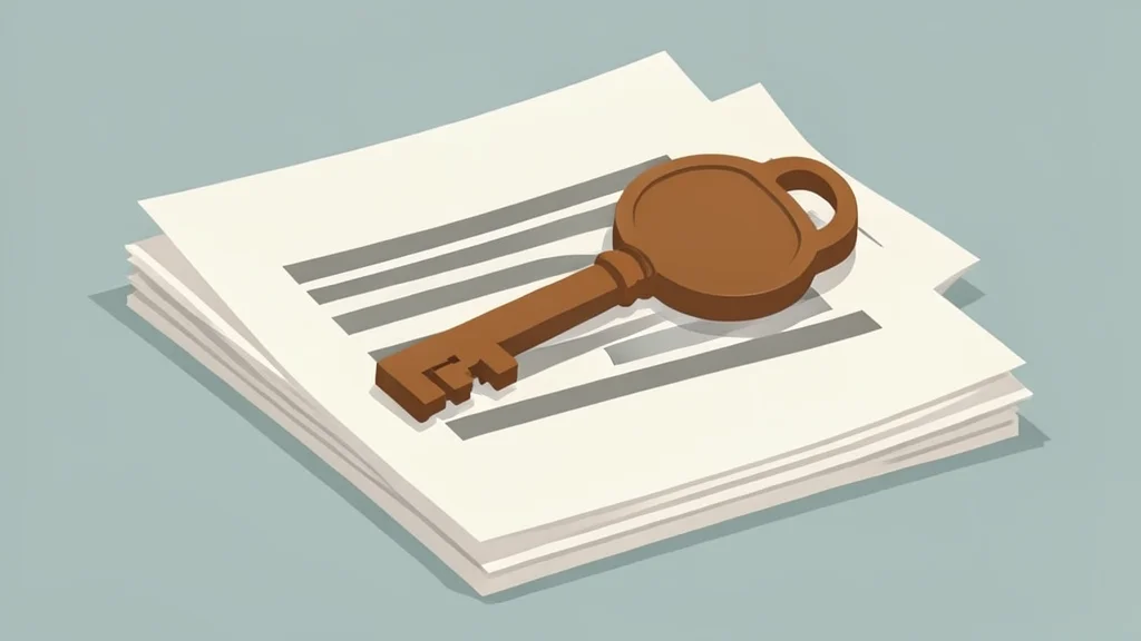 A wooden house key resting on a stack of paper documents
