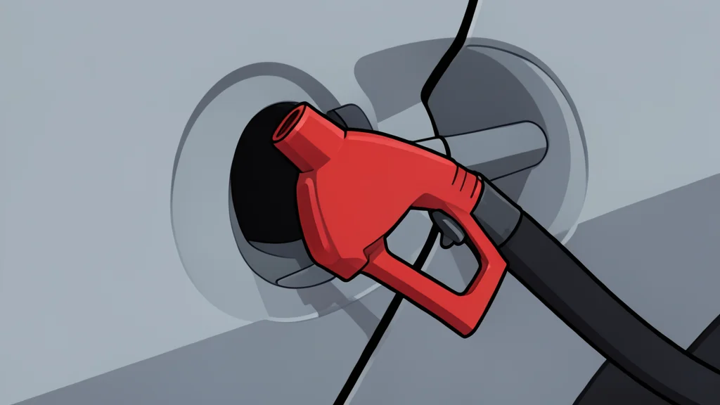 A gas pump nozzle resting on a concrete surface next to a stack of grocery bags