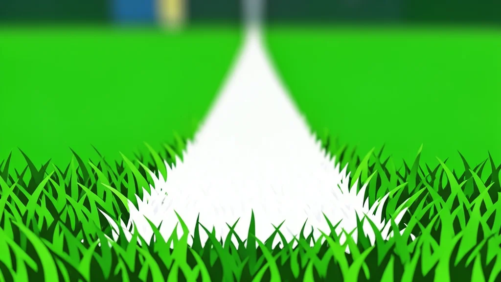 A stylized green football field with white yard lines and goalposts under a bright sky