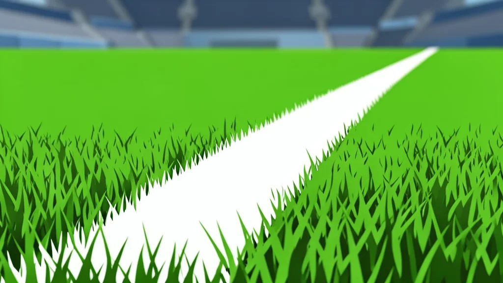 A vast, open-air stadium with vibrant green grass and crisp white yard lines stretching toward a clear, bright blue sky.
