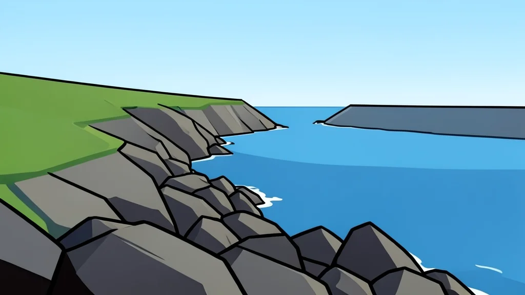 A rocky coastline meeting the sea with a narrow strait in the distance