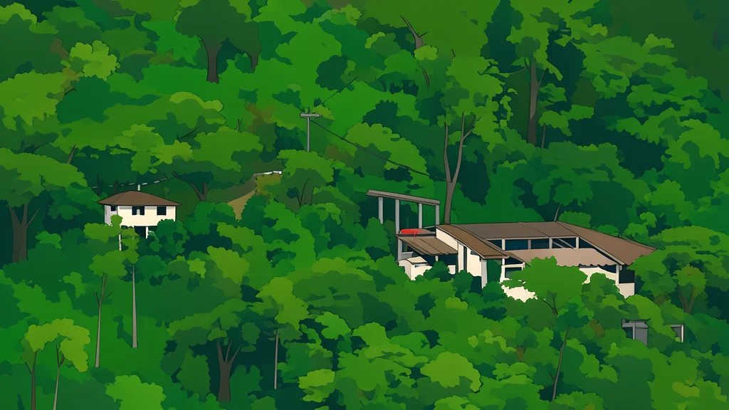 A winding gravel road cuts through a dense, misty mountain forest with a small, indistinct structure nestled among the trees.