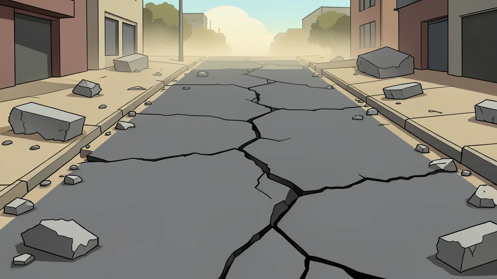 A cracked asphalt road in a dusty urban landscape with scattered debris and broken concrete blocks
