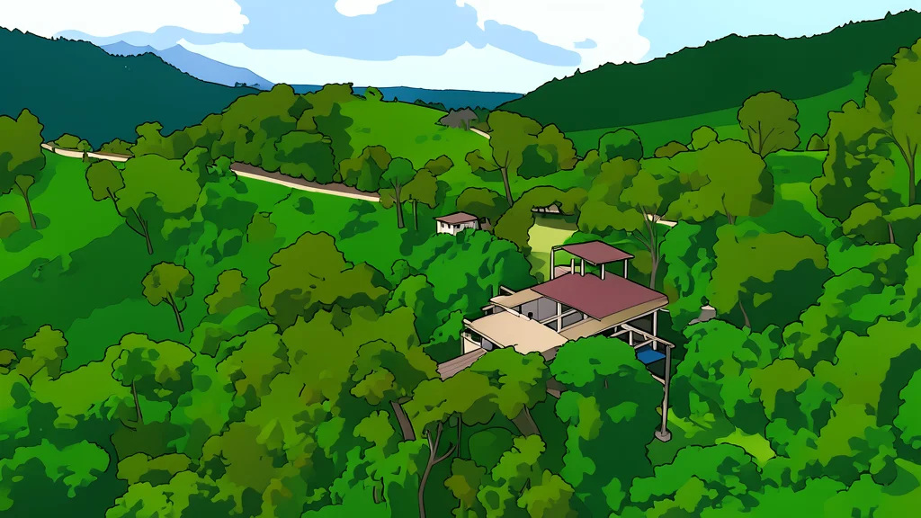 A winding gravel road cuts through a dense green mountain forest.