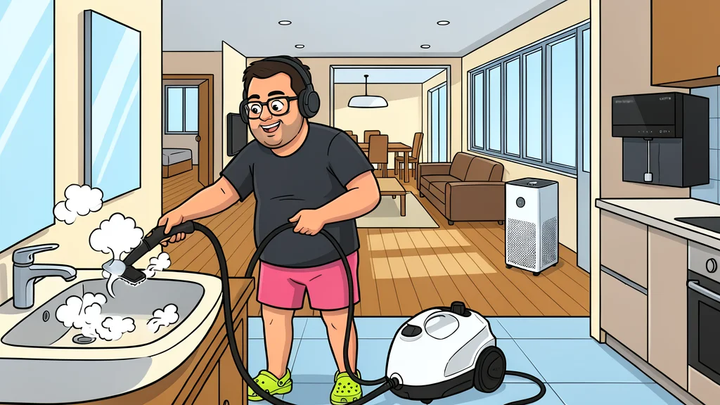 A stylized white water filtration unit and a handheld steam cleaner sitting on a kitchen counter.