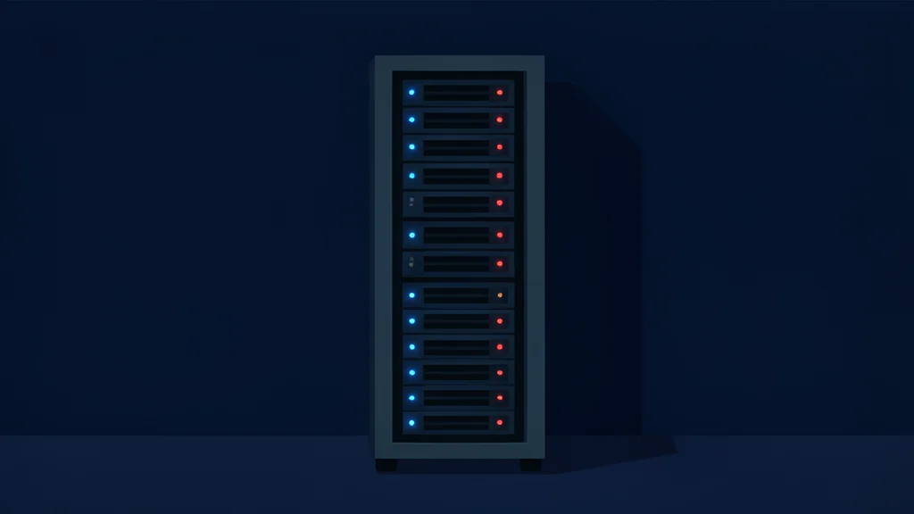 A tall server rack with glowing blue and red status lights stands in a dim, minimalist room.