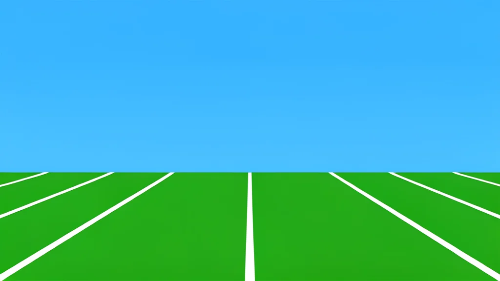 A vast green football field stretching into the distance under a clear blue sky