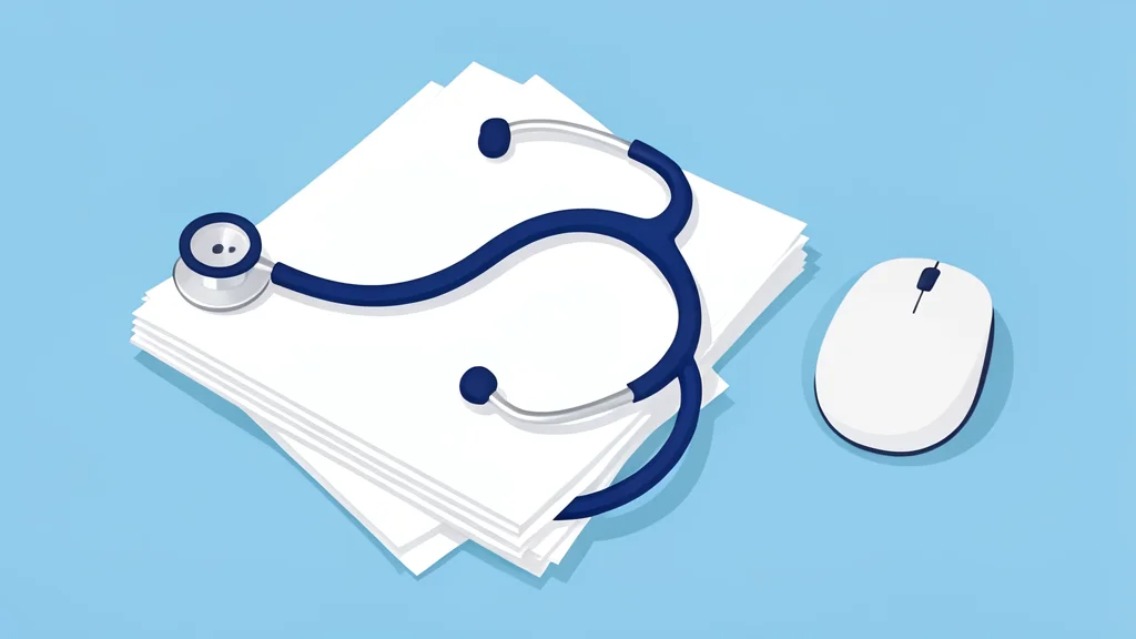 A stethoscope resting on a stack of medical charts next to a computer mouse