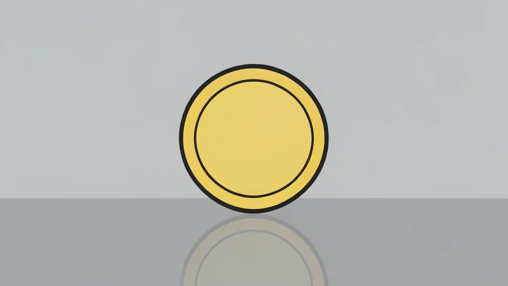 A digital coin resting on a smooth, reflective surface