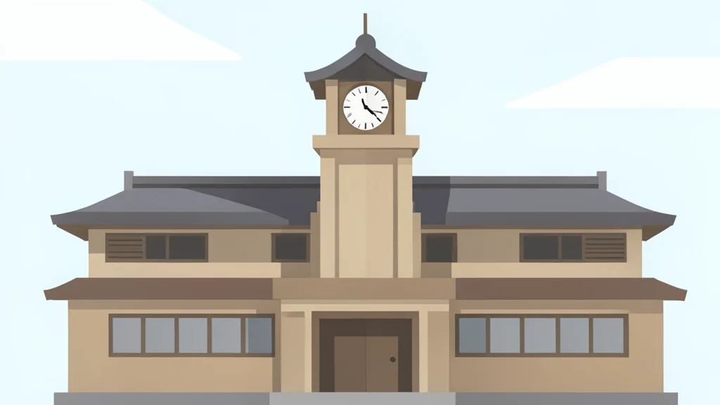 A traditional Japanese bank facade with a large clock tower under a clear sky.
