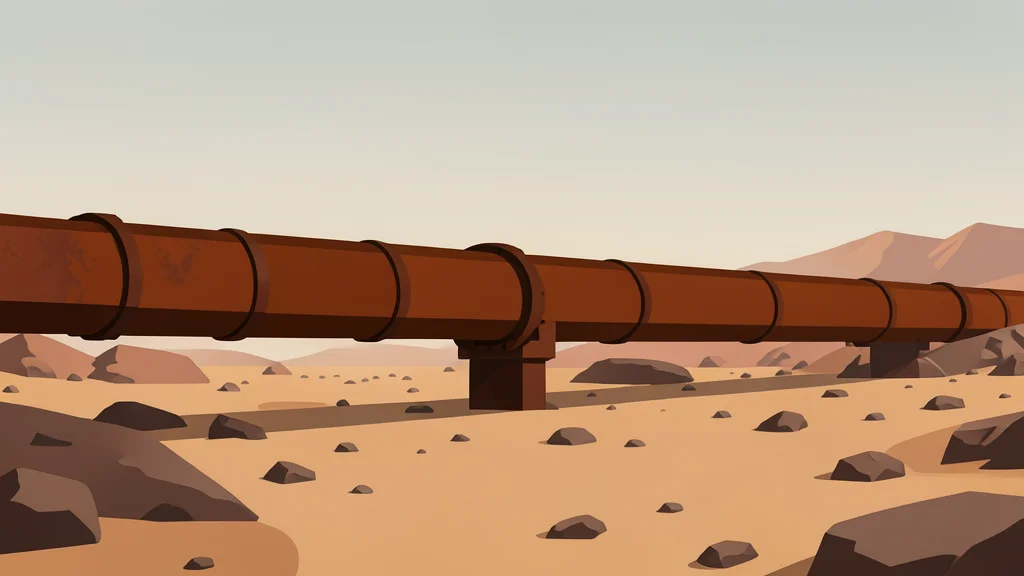 A long, rusted steel pipeline stretching across a dry, rocky desert landscape under a hazy sky.