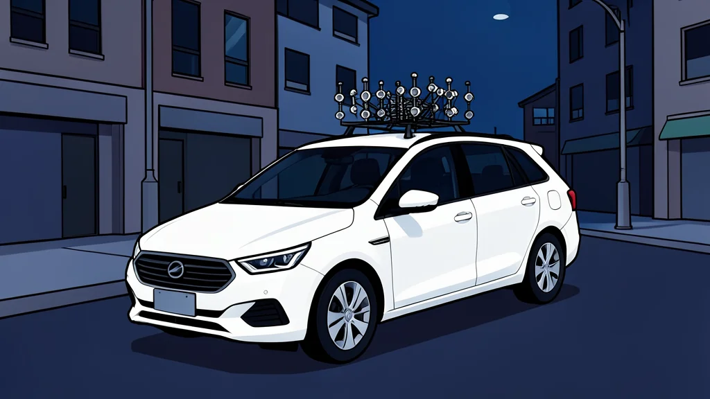 A white autonomous vehicle with a roof-mounted sensor array parked on a city street at night