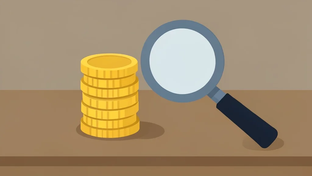 A stack of gold coins and a magnifying glass resting on a wooden desk