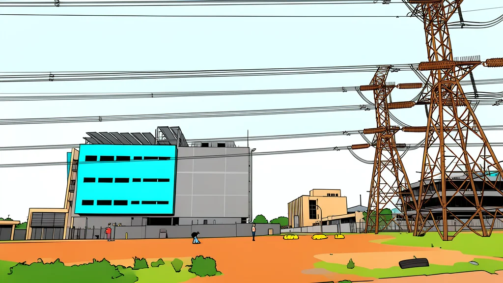 A large, modern server farm building with cooling towers standing in a dry, open landscape under a bright sky