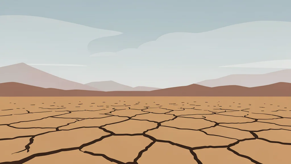 A desolate, cracked desert landscape under a hazy sky
