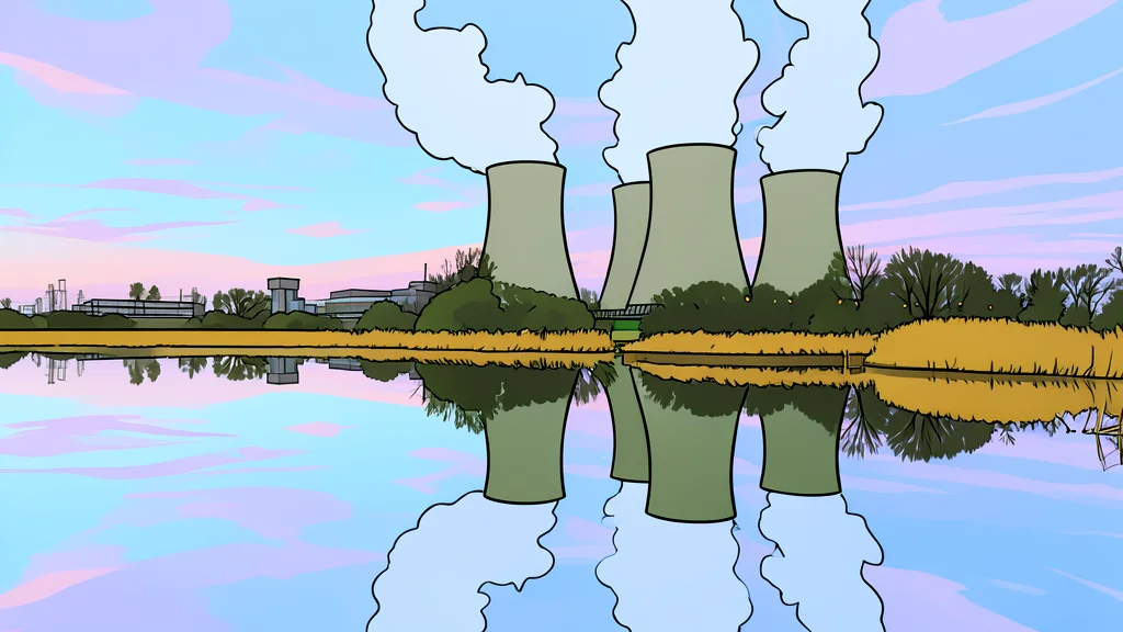A small modular nuclear reactor unit situated in an industrial landscape