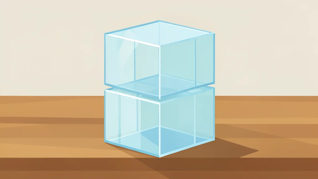 A stack of transparent glass cubes resting on a wooden desk